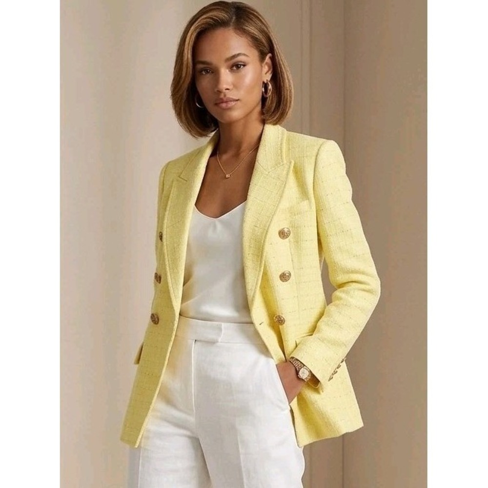 Tweed Style Blazer Women's Med Lemon Yellow Gold Toned Lion Buttons Office Chic